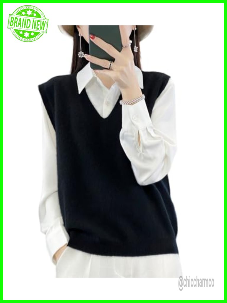 100% Merino Wool V-Neck Knit Sweater Vest Lightweight Sleeveless Pullover